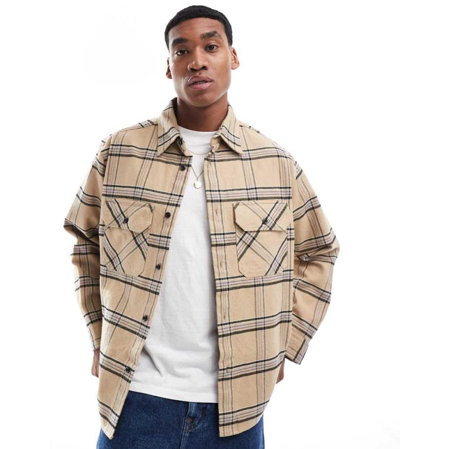 HUGO Blue - Ebolt - Oversized geruit flanellen overhemd in beige en blauw-Neutraal Multicolor