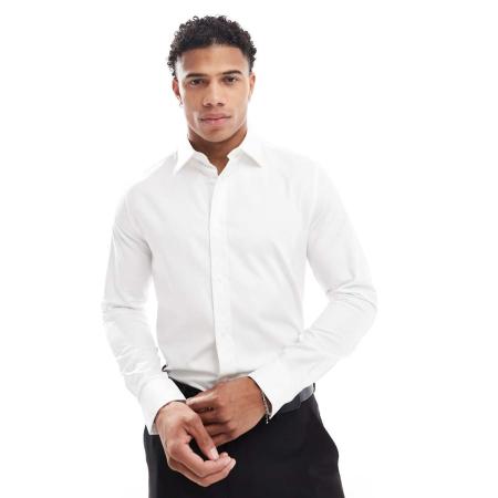 ASOS DESIGN - Smal kreukvrij overhemd met open kraag in wit