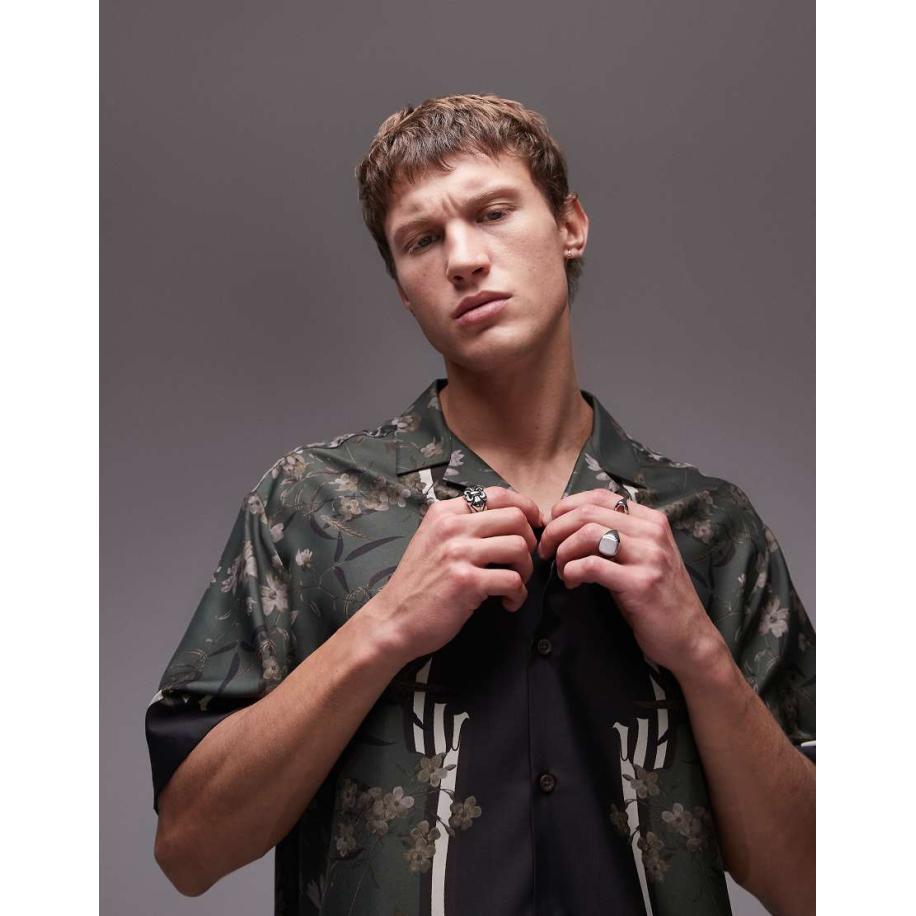 Topman - Satijnen overhemd met print en korte mouwen in groen Groen