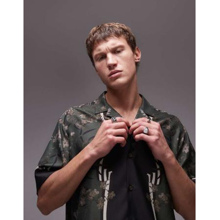 Topman - Satijnen overhemd met print en korte mouwen in groen