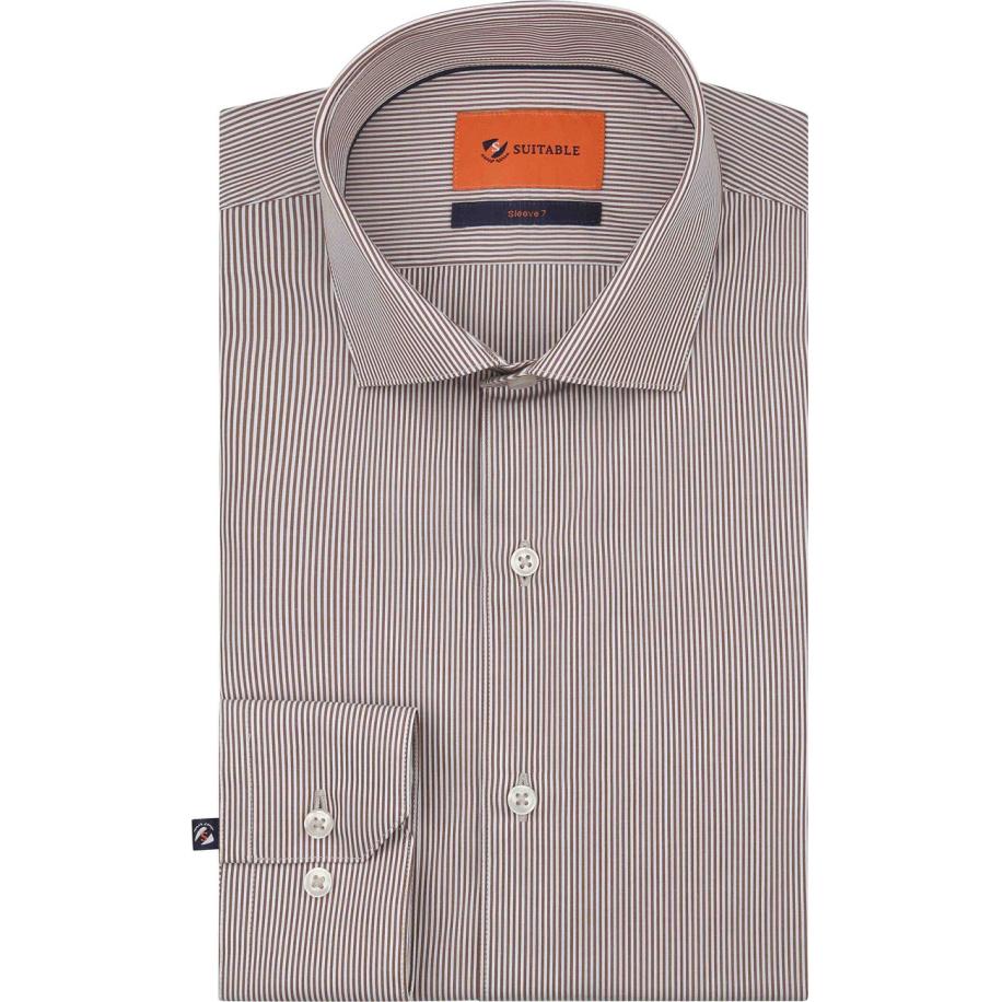 Suitable Twill Overhemd Extra Lange Mouw Streep Bruin Bruin
