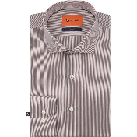 Suitable Twill Overhemd Extra Lange Mouw Streep Bruin