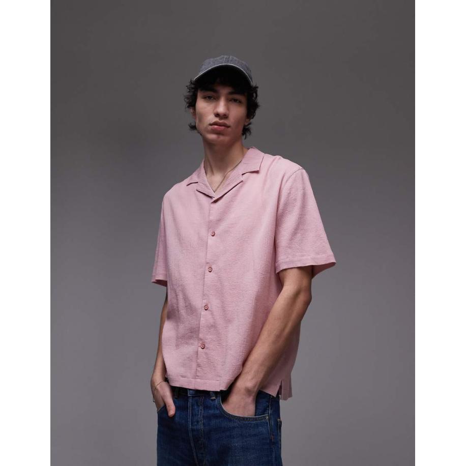 Topman - Overhemd van kreukelstof met korte mouwen in roze Roze