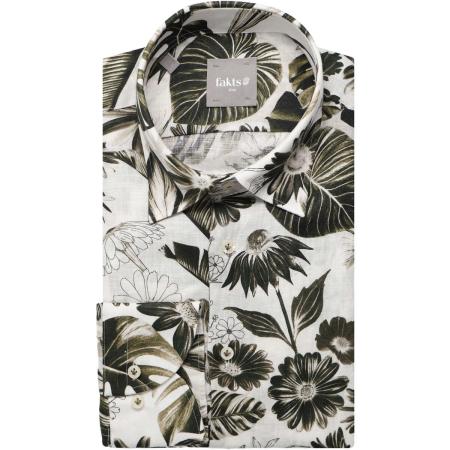 fakts Leisure Linnen Overhemd olijf/wit, Bloemen