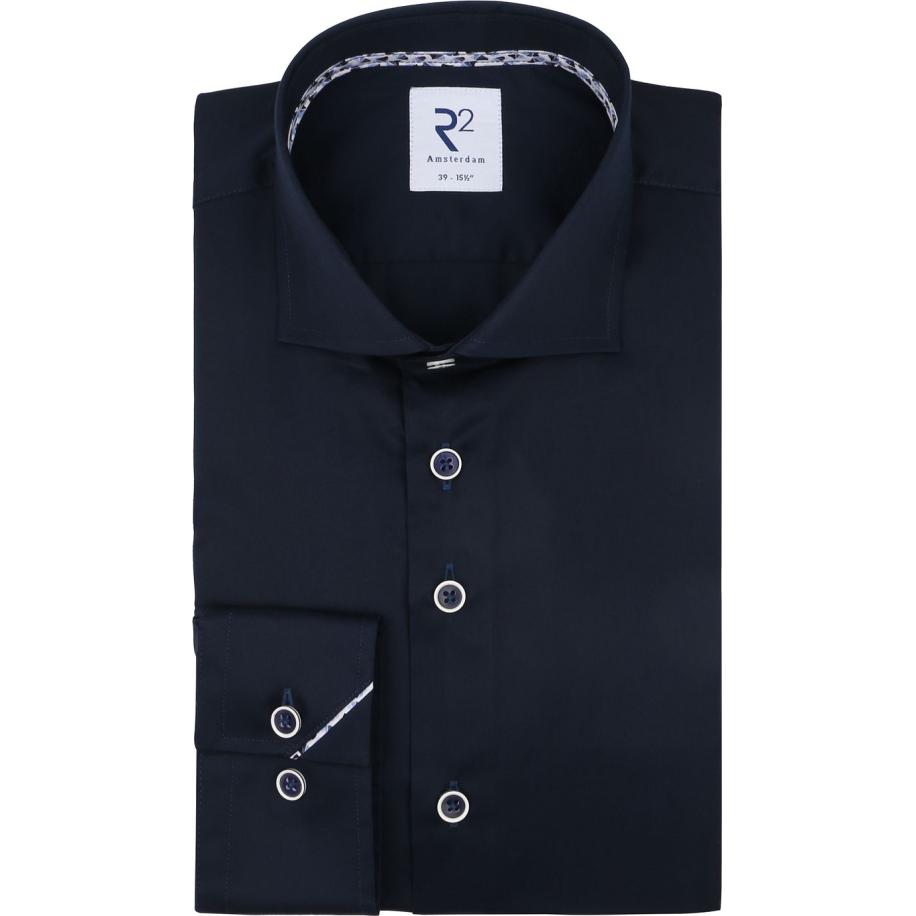 R2 Overhemd Twill Navy Blauw