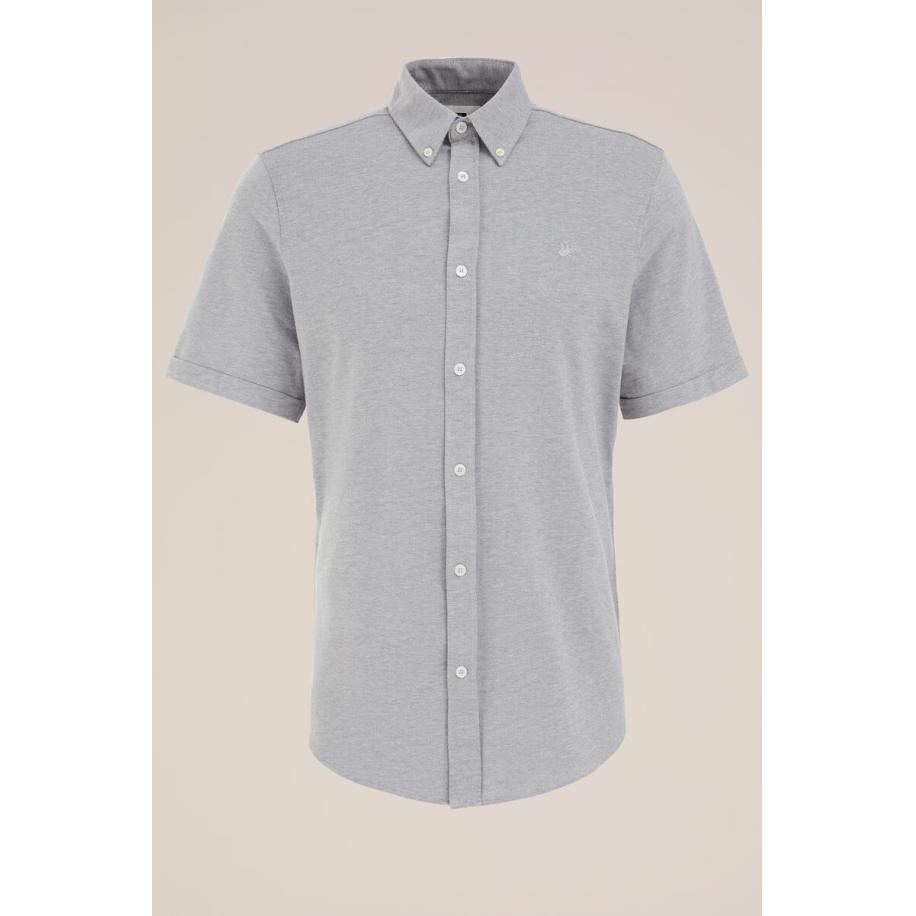 Fundamentals heren piquejersey overhemd met stretch - Slim Fit - Lichtgrijs gemeleerd - Katoen - Maat: L Grijs