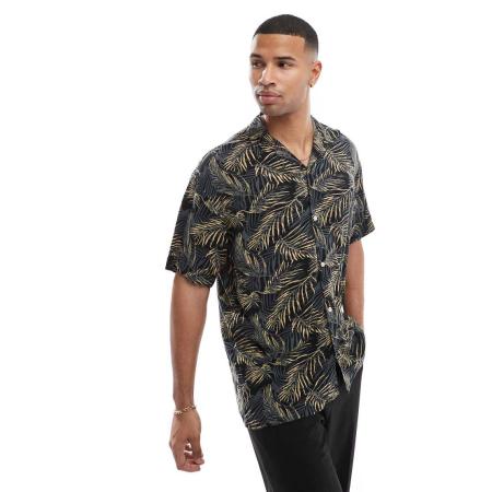 Jack & Jones - Overhemd met korte mouwen, reverskraag en tropische print in zwart