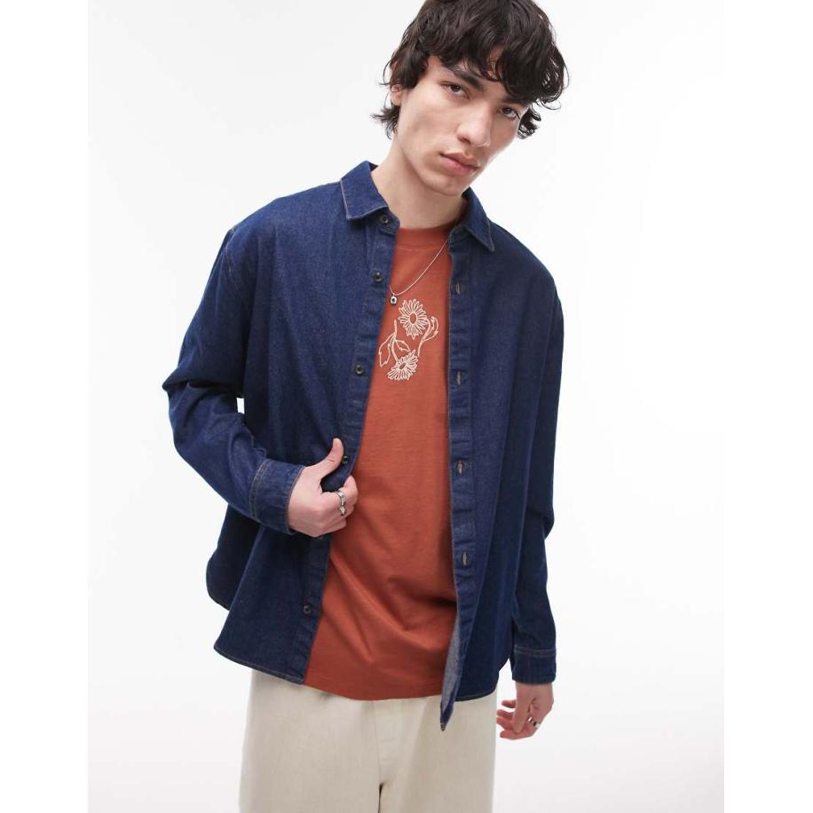 Topman - Overshirt van gewassen canvas met lange mouwen in raw denim-Blauw Blauw