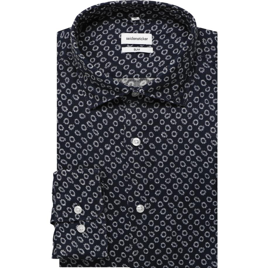 Seidensticker Linnen Overhemd donkerblauw, Bedrukt Blauw