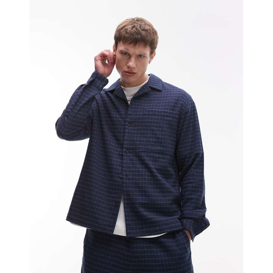 Topman - Geruit overhemd van halfzware stof met lange mouwen in blauw-Marineblauw Blauw