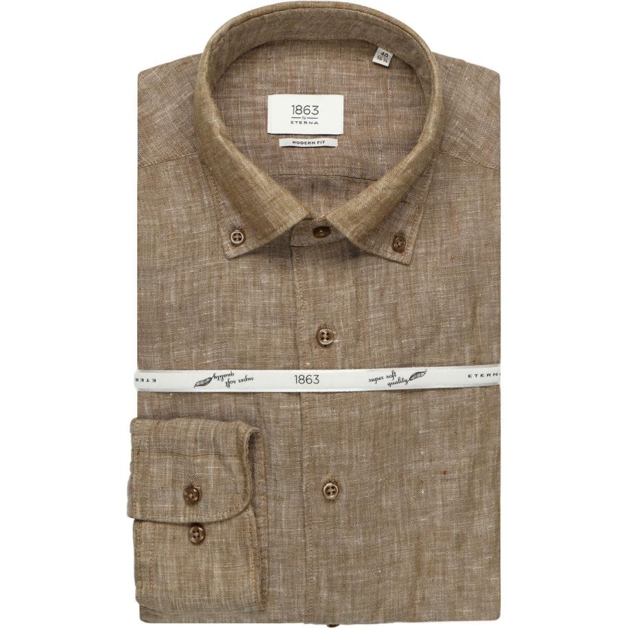 ETERNA 1863 Linnen Overhemd donkerbruin, Effen Bruin
