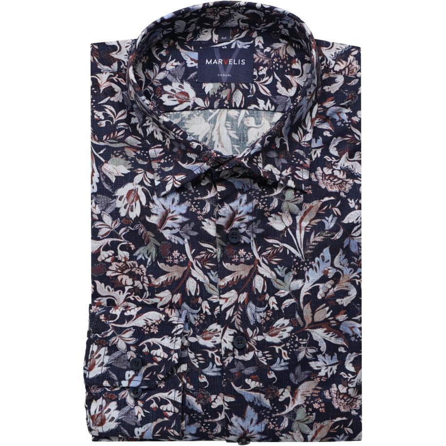 Marvelis Casual Overhemd marine, Bloemen Blauw