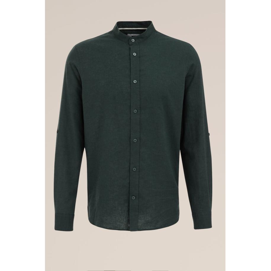 Fundamentals heren easy care linnenmix overhemd met mao-kraag - Regular fit - Donkergroen - Linnen - Maat: L Groen