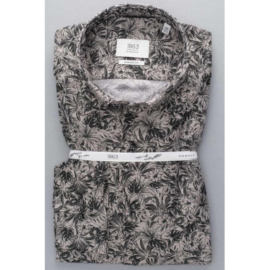 ETERNA 1863 Linnen Overhemd beige-bruin, Bedrukt Bruin