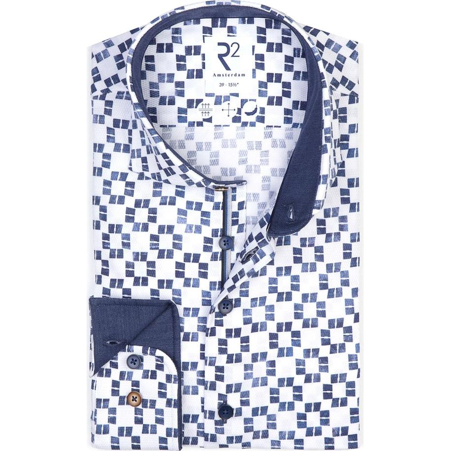 R2 Amsterdam Overhemd blauw, Bedrukt Blauw