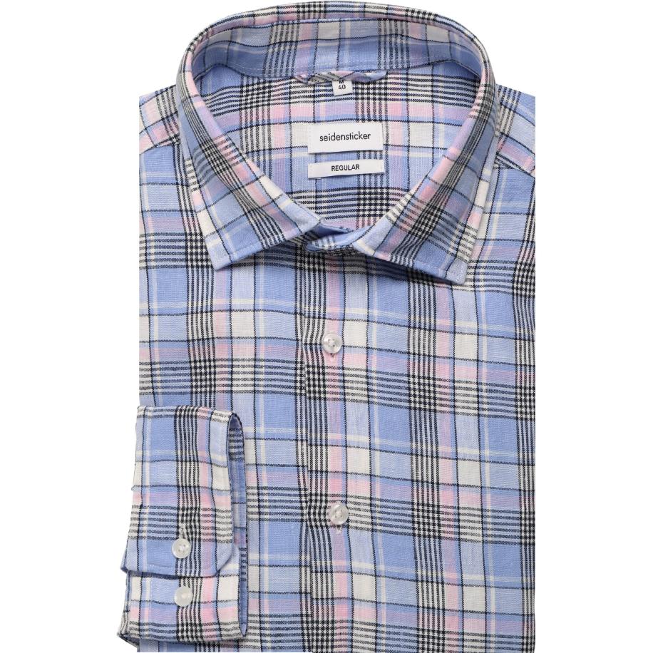 Seidensticker Linnen Overhemd lichtblauw, Ruit Blauw