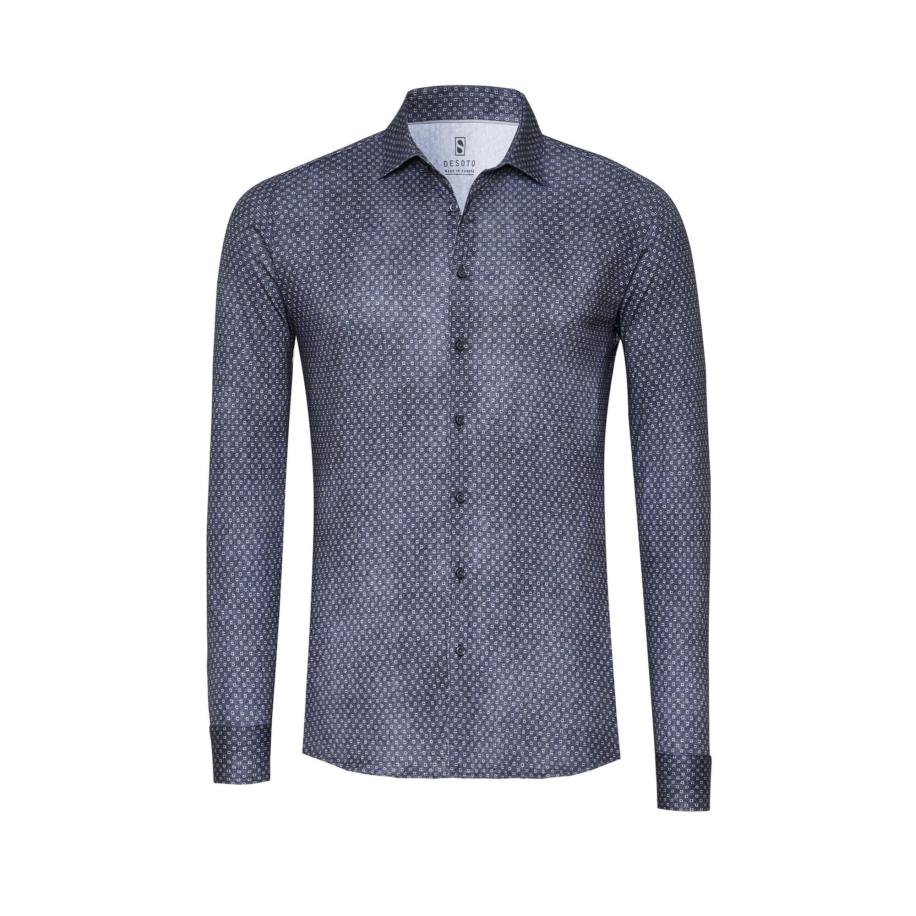 Desoto Overhemd Print Denim Donkerblauw -