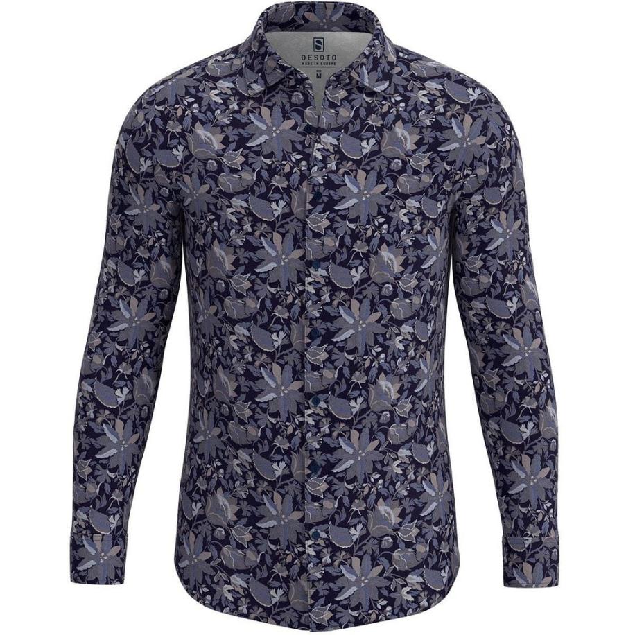 Desoto Overhemd Kent Bloemetjes Navy Blauw