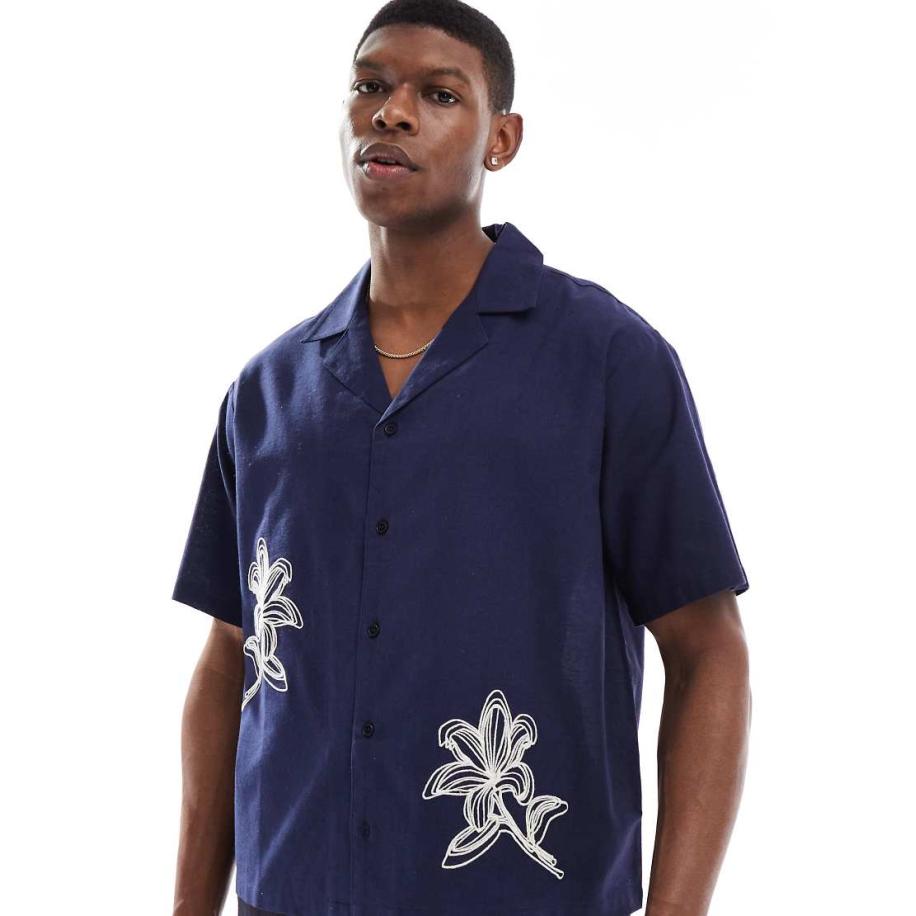 Aray - Geborduurd resort strandoverhemd in donkerblauw-Marineblauw Blauw