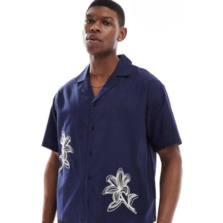 Aray - Geborduurd resort strandoverhemd in donkerblauw-Marineblauw