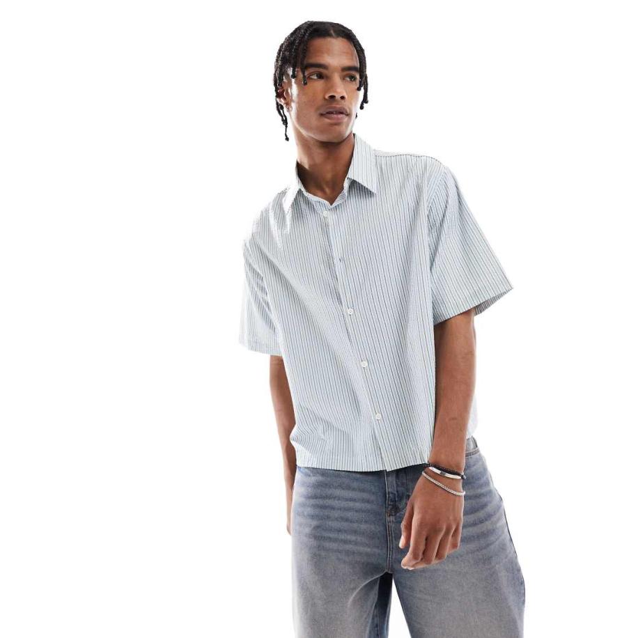 Bershka - Overhemd met getextureerde strepen in blauw Blauw