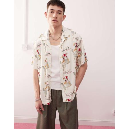 Wrangler - Resort - Ruimvallend overhemd van keperstof met korte mouwen en rodeoprint in gebroken wit
