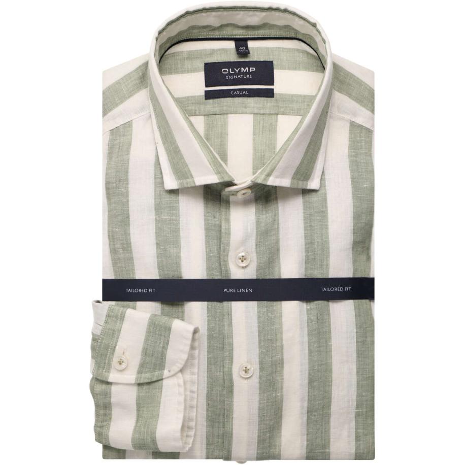 OLYMP SIGNATURE Soft Business Linnen Overhemd lichtgroen, Gestreept Groen
