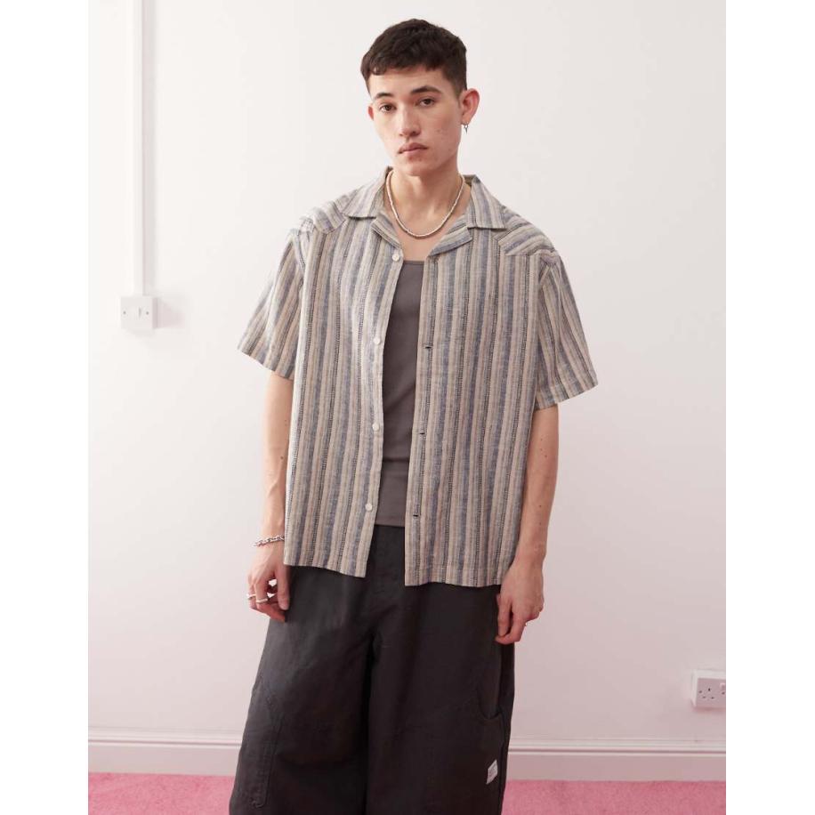 Wrangler - Ruimvallend gestreept resortoverhemd van dobbystof van linnen- en katoenmix in indigo blauw-Marineblauw Blauw