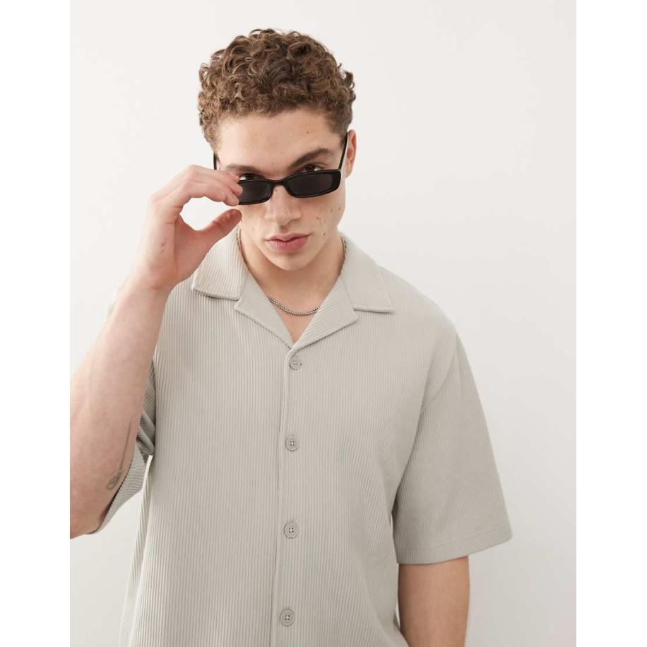 Weekday - Geribbeld oversized resortoverhemd met korte mouwen in beige-Neutraal Multicolor