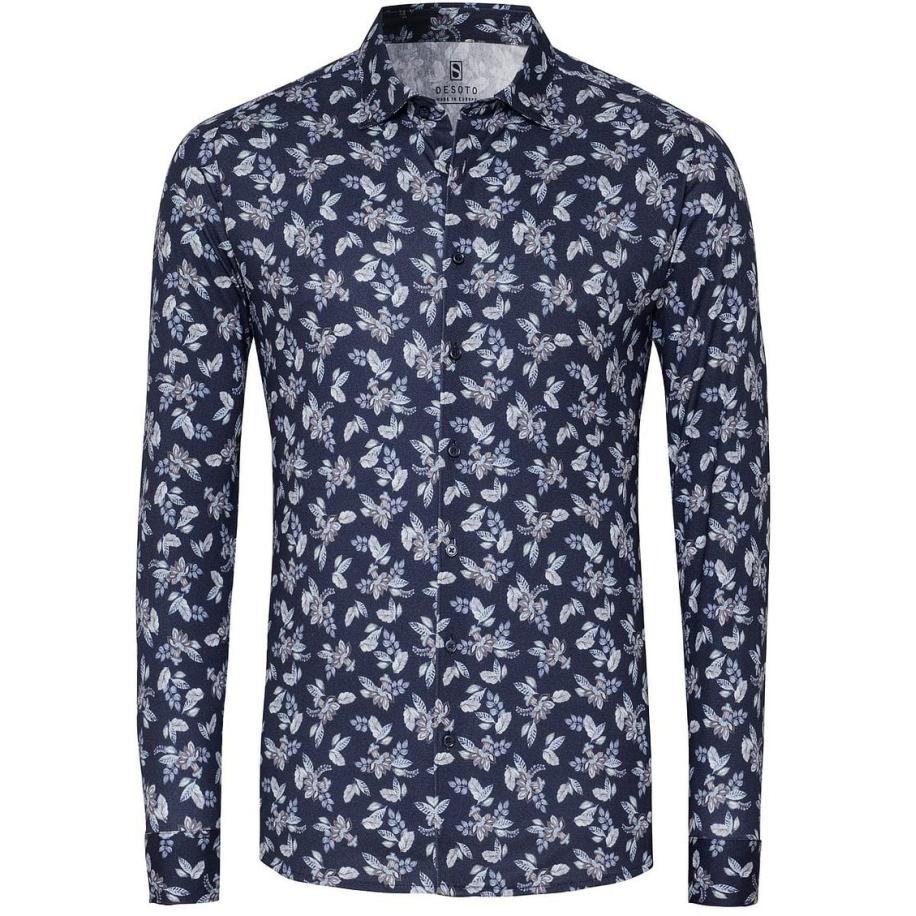 Desoto Overhemd Print Denim Blooming Navy Blauw