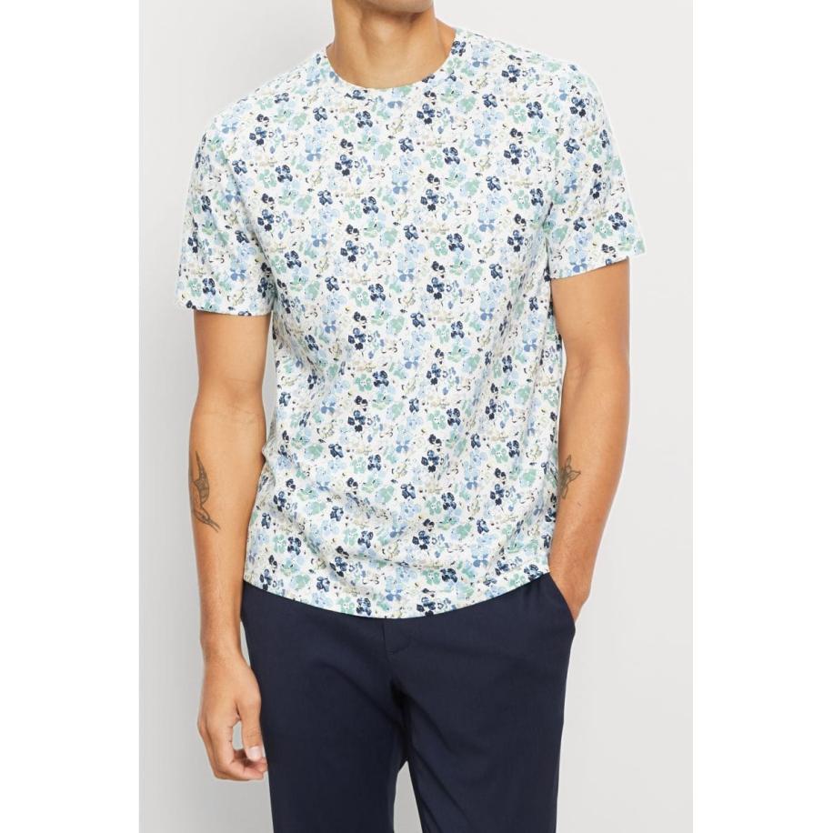 OLYMP Casual T-Shirt ronde hals ecru, Motief Wit