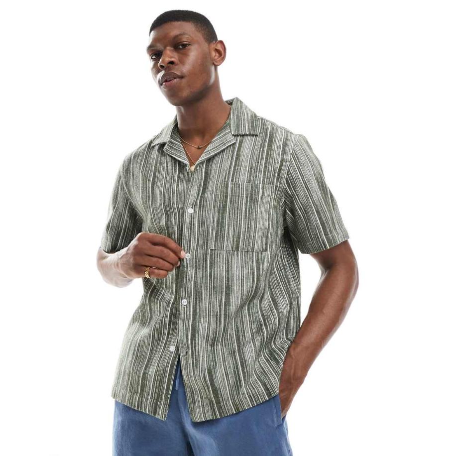 New Look - Gestreept overhemd met textuur in groen Groen