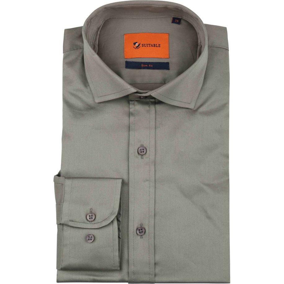 Suitable Satin Overhemd Grijs Bruin