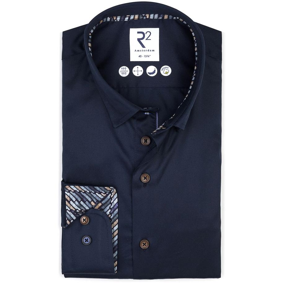 R2 Overhemd Fine Twill Contrast Navy Blauw