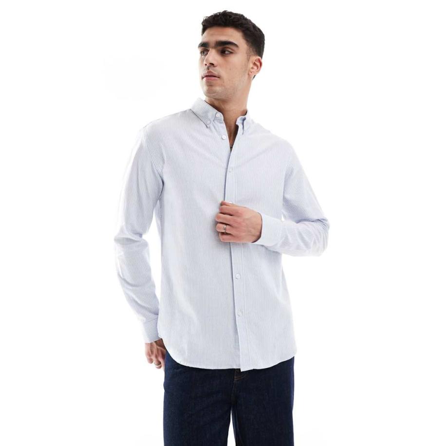 JJ Rebel - Gestreept oxford overhemd in blauw Blauw