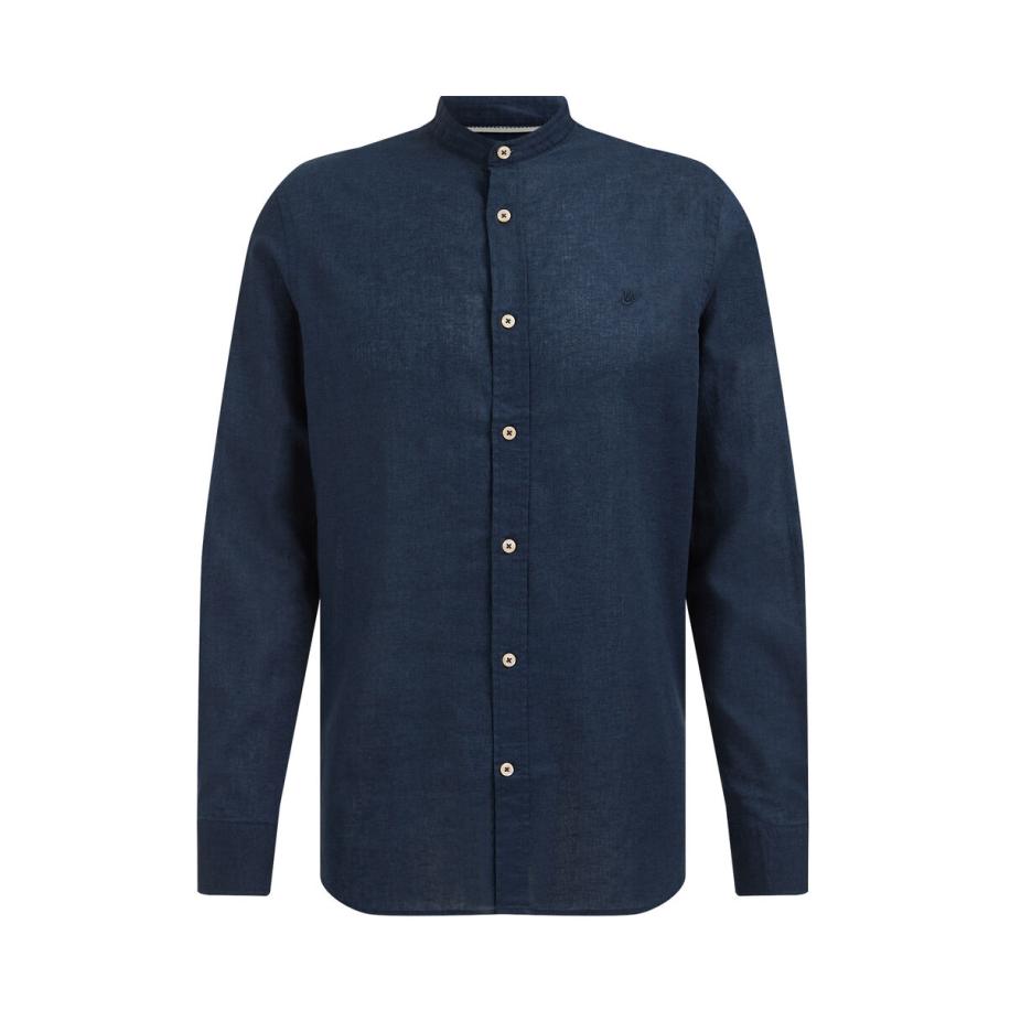 Fundamentals heren easy care linnenmix overhemd met mao-kraag - Regular fit - Donkerblauw - Linnen - Maat: S Blauw