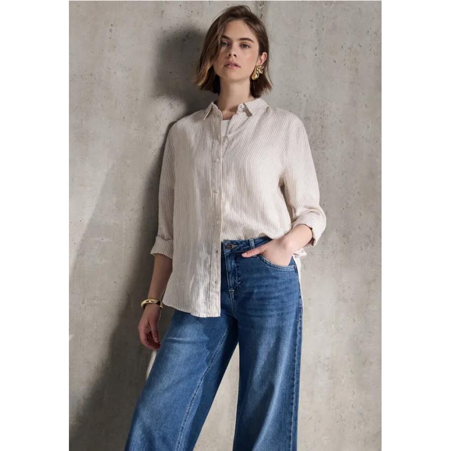 Street One Gestreept linnen overhemd blouse Bruin