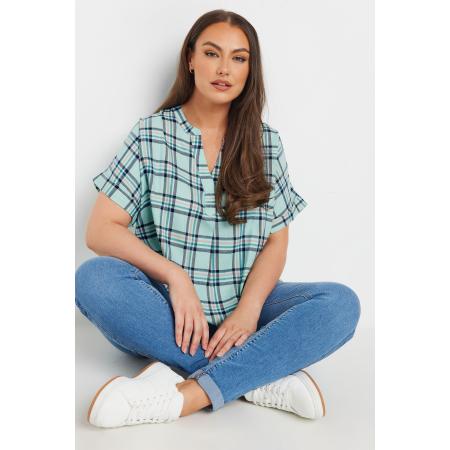 Yours Geruit Overhemd Met Korte Mouwen En Halslijn Met Inkeping In Mintgroen Size 42