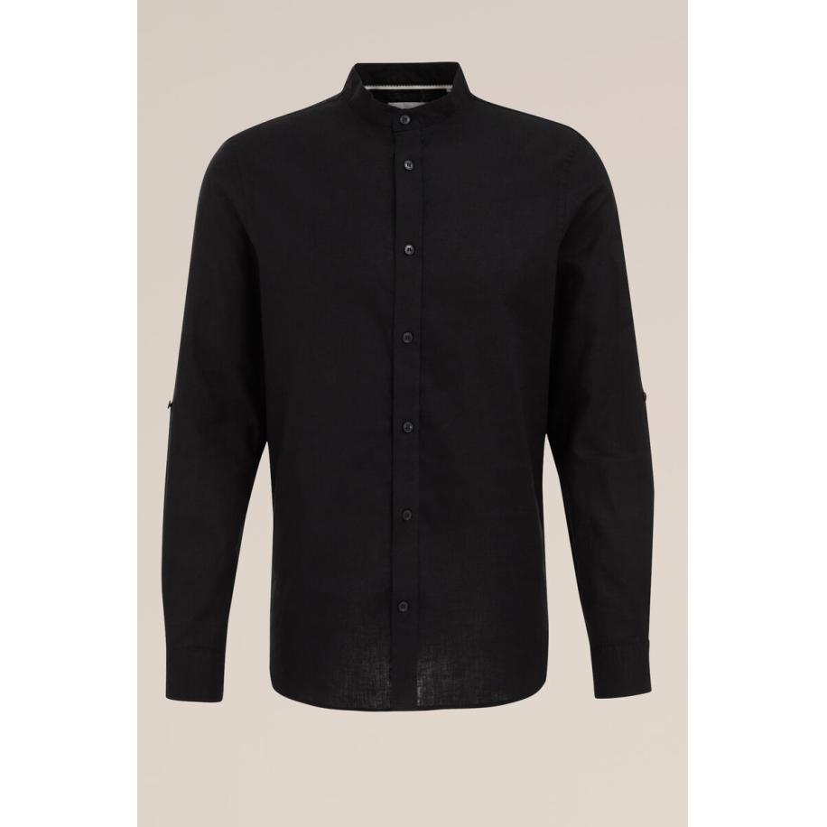 Fundamentals heren easy care linnenmix overhemd met mao-kraag - Regular fit - Zwart - Linnen - Maat: L Zwart