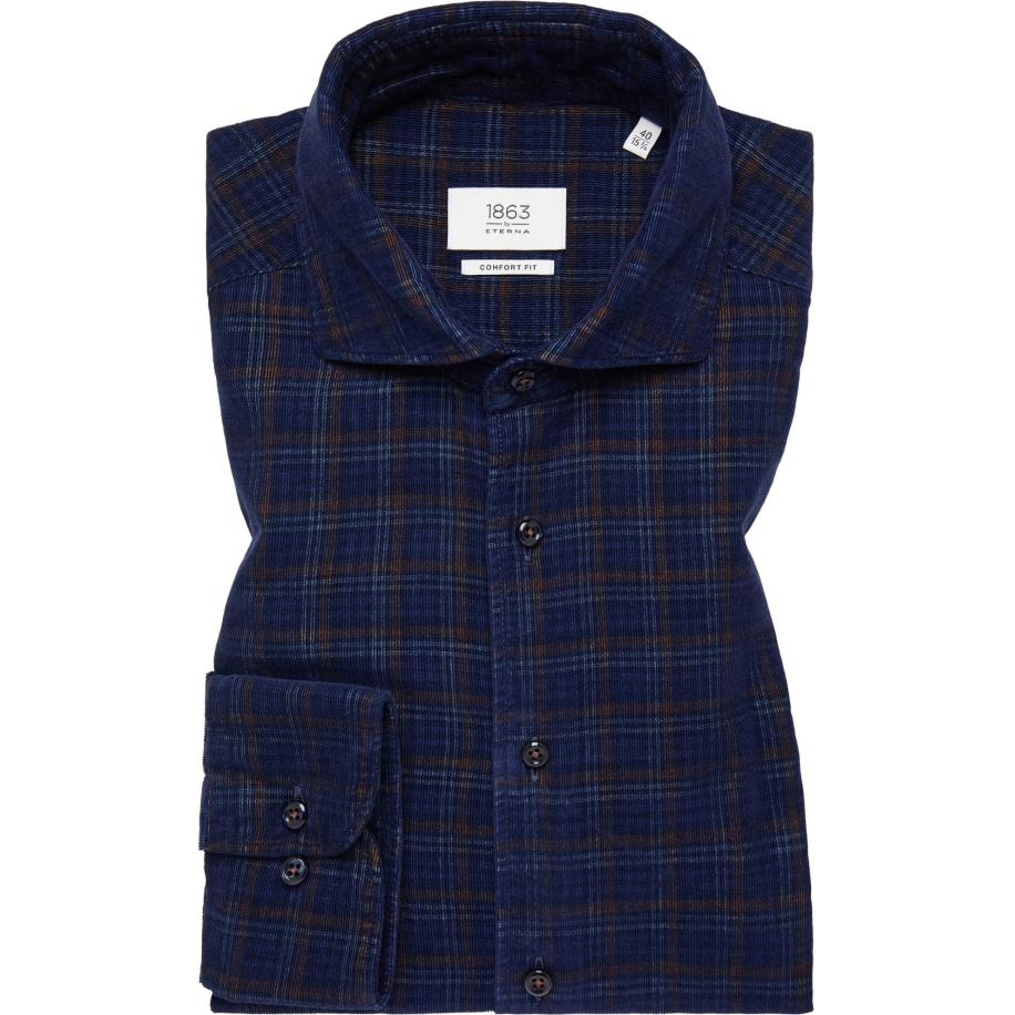 ETERNA 1863 ribfluwelen overhemd marine, Ruit Blauw