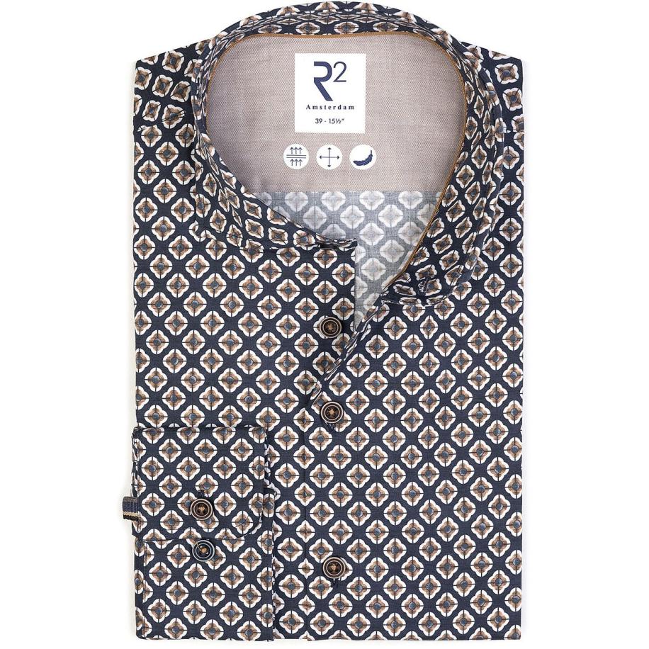 R2 Overhemd Camel Flower Print Navy Blauw