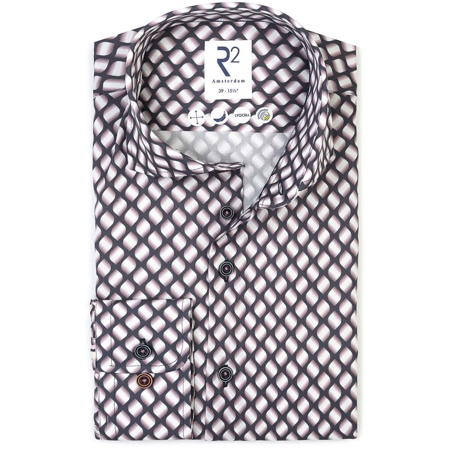 R2 Overhemd Twill Leave Print Multicolour Zwart