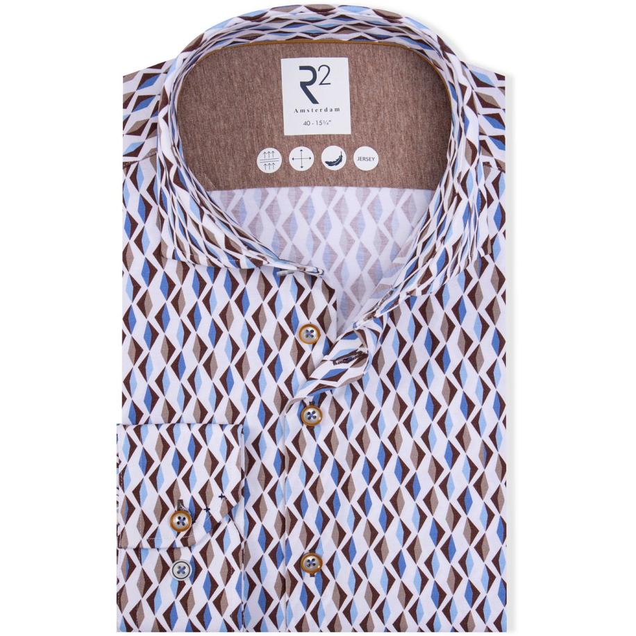 R2 Overhemd Jersey Retro Print Beige Blue Bruin