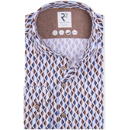 R2 Overhemd Jersey Retro Print Beige Blue