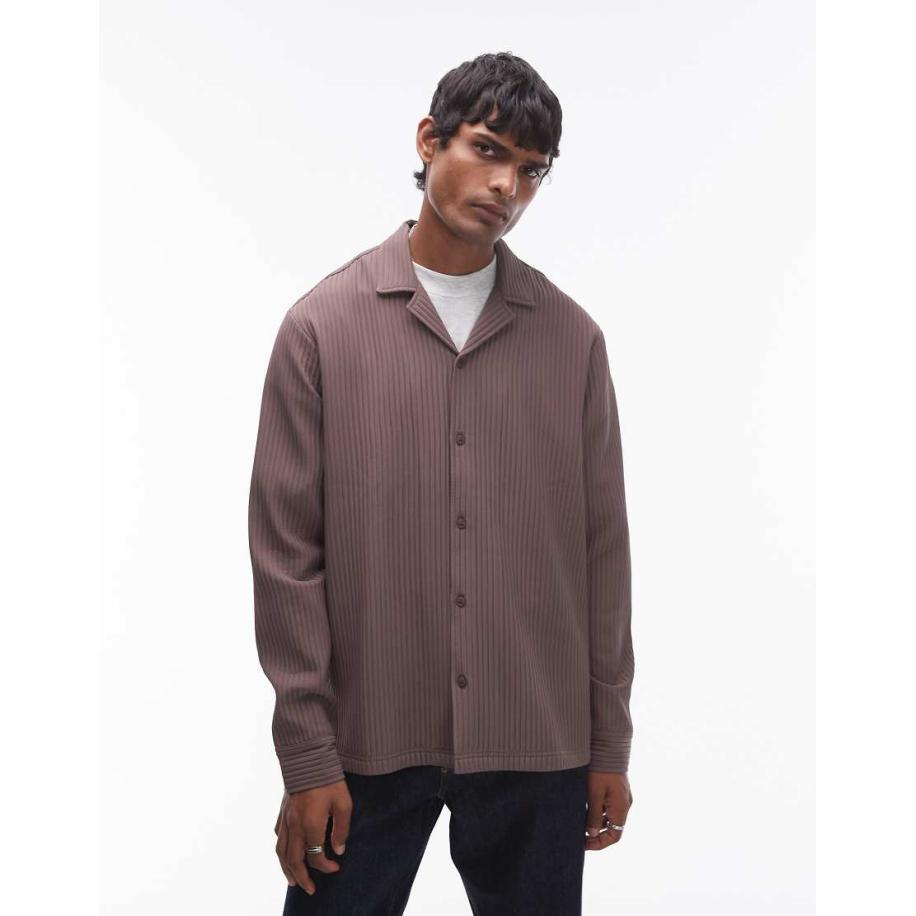 Topman - Breed plissé overhemd met lange mouwen in chocoladebruin Bruin