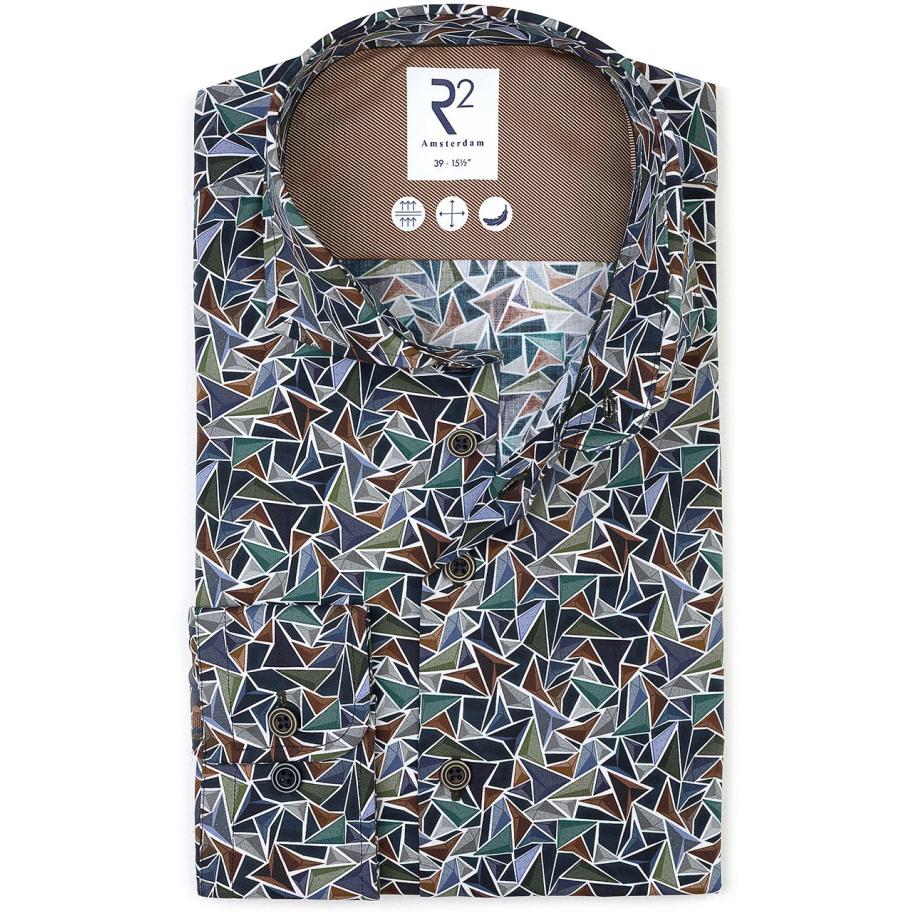 R2 Overhemd Poplin Triangle Print Groen Groen