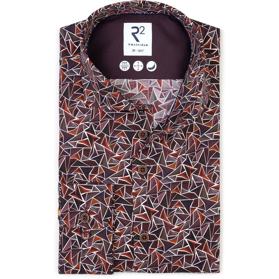 R2 Overhemd Poplin Triangle Print Bordeaux Rood