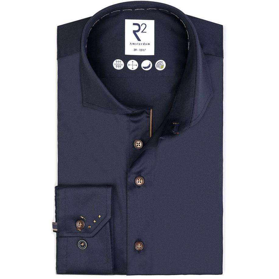 R2 Overhemd Fine Twill Navy Blauw