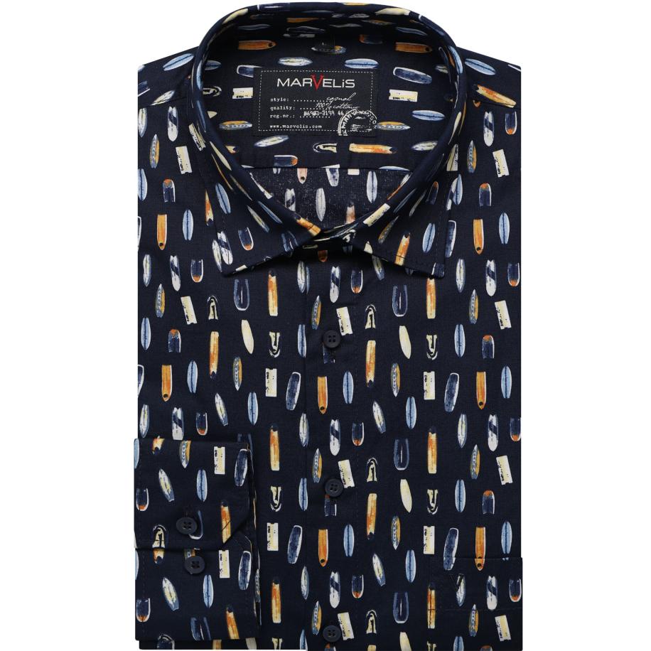Marvelis Casual Overhemd Marine, Bedrukt Blauw