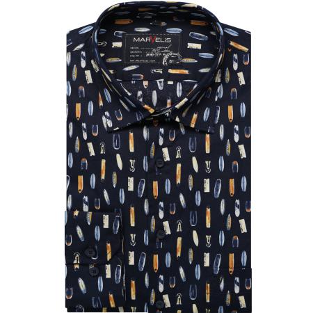 Marvelis Casual Overhemd Marine, Bedrukt